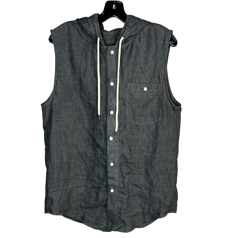 Zara Man Black Label Shirt Mens Large L Linen Grey Sleeveless Hooded Modern